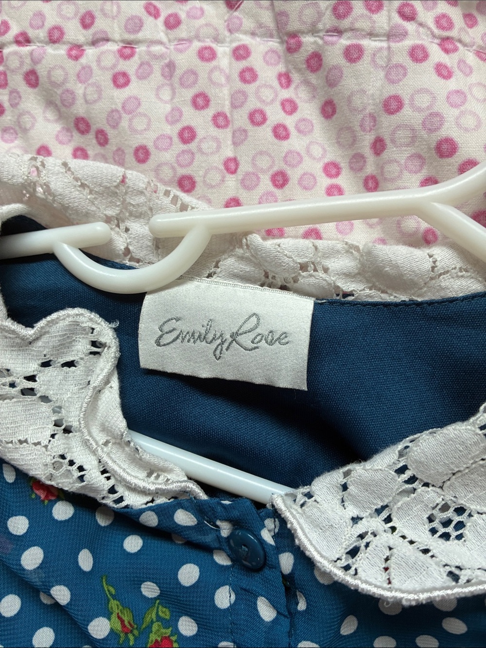 Emily Rose Navy Blue Polka Dot Dress with White Lace Collar and Red Rose Print - Picture 2 of 3